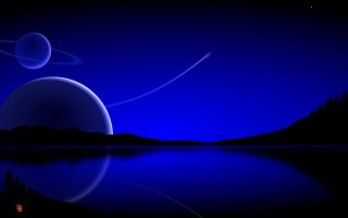 Blue planet moonlight trees mountains - tree and mountains free wallpaper