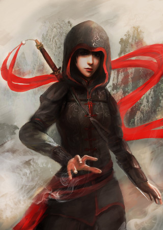 Woman hooded sword red scarf - jacket holding free wallpaper