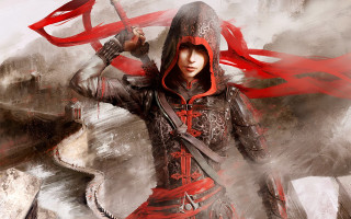 Woman red outfit sword scarf - chen hong free wallpaper