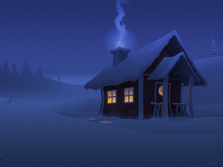 Cabin snow lit window chimney - volumetric lighting free wallpaper