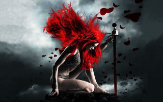 Woman red hair sword kneeling - elden ring free wallpaper
