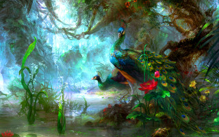 Peacock forest flowers plants painting 2 - a pond and trees free wallpaper