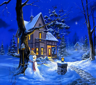 Snowman house night tree painting - free winter wallpaper for tablet
