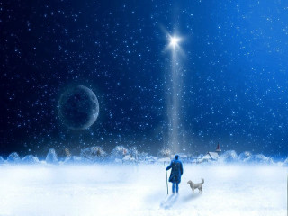 Snow starry sky man walking - sense of awe free wallpaper