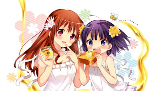 Girls eating food floral background - a yellow frame free wallpaper