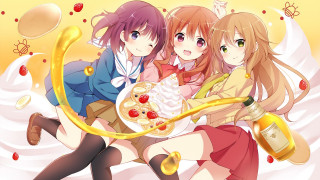 Anime girls food wine yellow - a yellow background free wallpaper