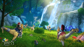 People horses forest waterfall painting - unreal engine 5 free wallpaper