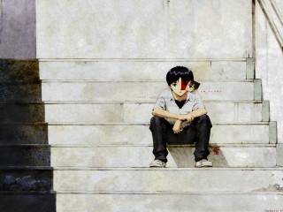 Boy sitting stairs head down - a boy free wallpaper