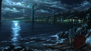 Man dock umbrella night city - cyril rolando free wallpaper