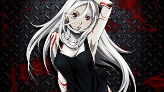 Woman whitehair redeyes knife blackdress - red eyes holding free wallpaper