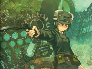Man uniform gun pointing city - dieselpunk free wallpaper