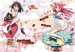 Anime girls balloons cats sitting - two anime girl free wallpaper for desktop