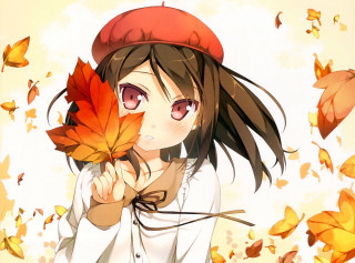 Girl holding leaf hat head - a leaf free wallpaper for desktop