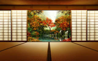 Room painting landscape window forest - kyoto studio free wallpaper