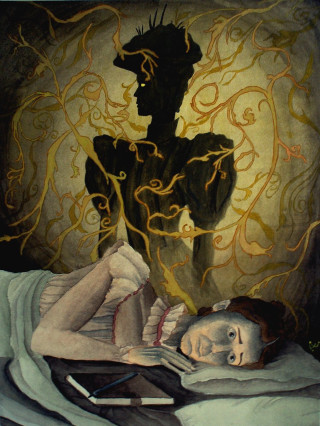 Woman bed man book painting - a painting of a woman free wallpaper for mobile