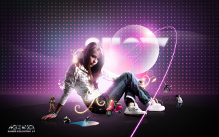 Girl sitting heart neon background - object free wallpaper for desktop