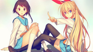 Anime girls sitting pointing together - their hand together free wallpaper