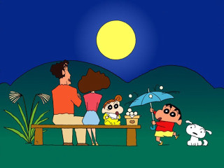 Cartoon family bench full moon - an umbrella free wallpaper