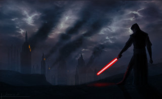 Man holding lightsaber dark sky - a castle in the background free wallpaper for desktop