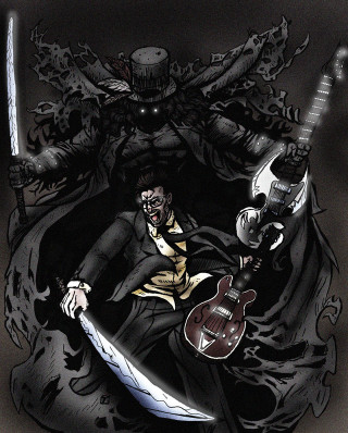 Man suit tie guitar knife - comic cover art free wallpaper for mobile