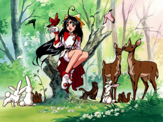 Girl tree animals birds forest - above her free wallpaper