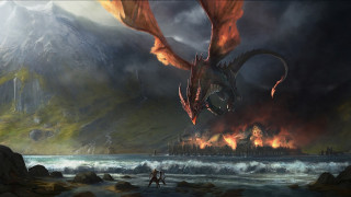 Dragon flying water mountain castle - a dragon free wallpaper for desktop