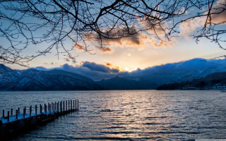 Lake dock mountains sunset dawn - a few snow free wallpaper