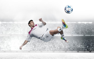 Man kicking soccer ball air - his foot free wallpaper for desktop
