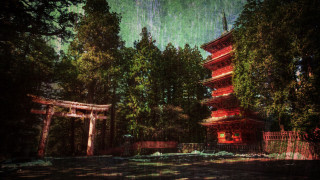 Pagoda forest trees green sky - eishōsai chōki free wallpaper