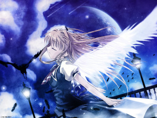 White hair angel wings full - a full moon behind her free wallpaper
