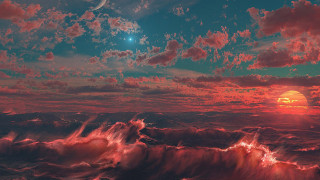 Sunset water moon clouds sky - a moon in the sky above free wallpaper for desktop