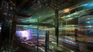 Futuristic city lights wires ceiling - wire free wallpaper