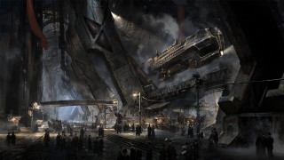 Sci fi city train people - industrial free wallpaper