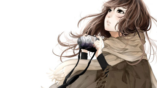 Woman camera scarf neck holding - photographic free wallpaper