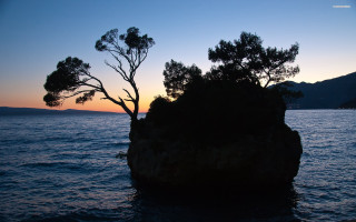 Tree rock water sunset mountain - deep shadow free wallpaper