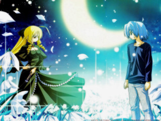Anime couple snow night full - a full moon in the background free wallpaper for desktop