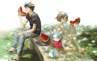Couple bench watermelon slices bowl - summer free wallpaper