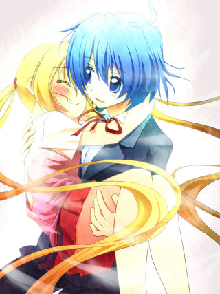 Anime hugging girls blue hair - a couple of anime characters free wallpaper for mobile