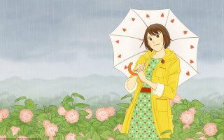 Woman yellow raincoat umbrella field - storybook illustration free wallpaper for desktop