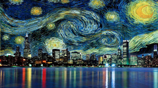 Starry night cityscape water ferris - a painting of a city free wallpaper