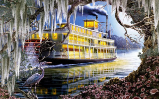 Boat river crane tree moss - a painting of a boat free wallpaper