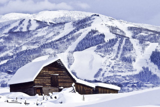 Barn snow mountain trees winter - a few tree free wallpaper