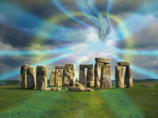 Rainbow colored sky stonehenge field - psychedelic art free wallpaper for desktop