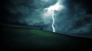 Lightning hill tree house stormy - shock art free wallpaper