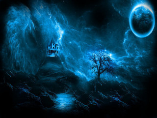 Castle sky tree moon blue - a tree in front free wallpaper