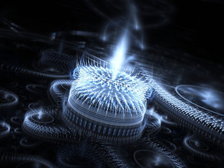 Metal closeup blue light center - a close up of a metal object free wallpaper