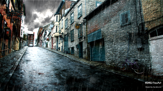 Rainy street brick building bicycle - rainy free wallpaper