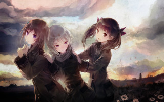 Three anime girls cloudy sky - their pocket free wallpaper
