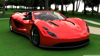 Red sports car green field - tree and grass free wallpaper