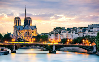 Bridge river cathedral dusk lights - paris school free wallpaper
